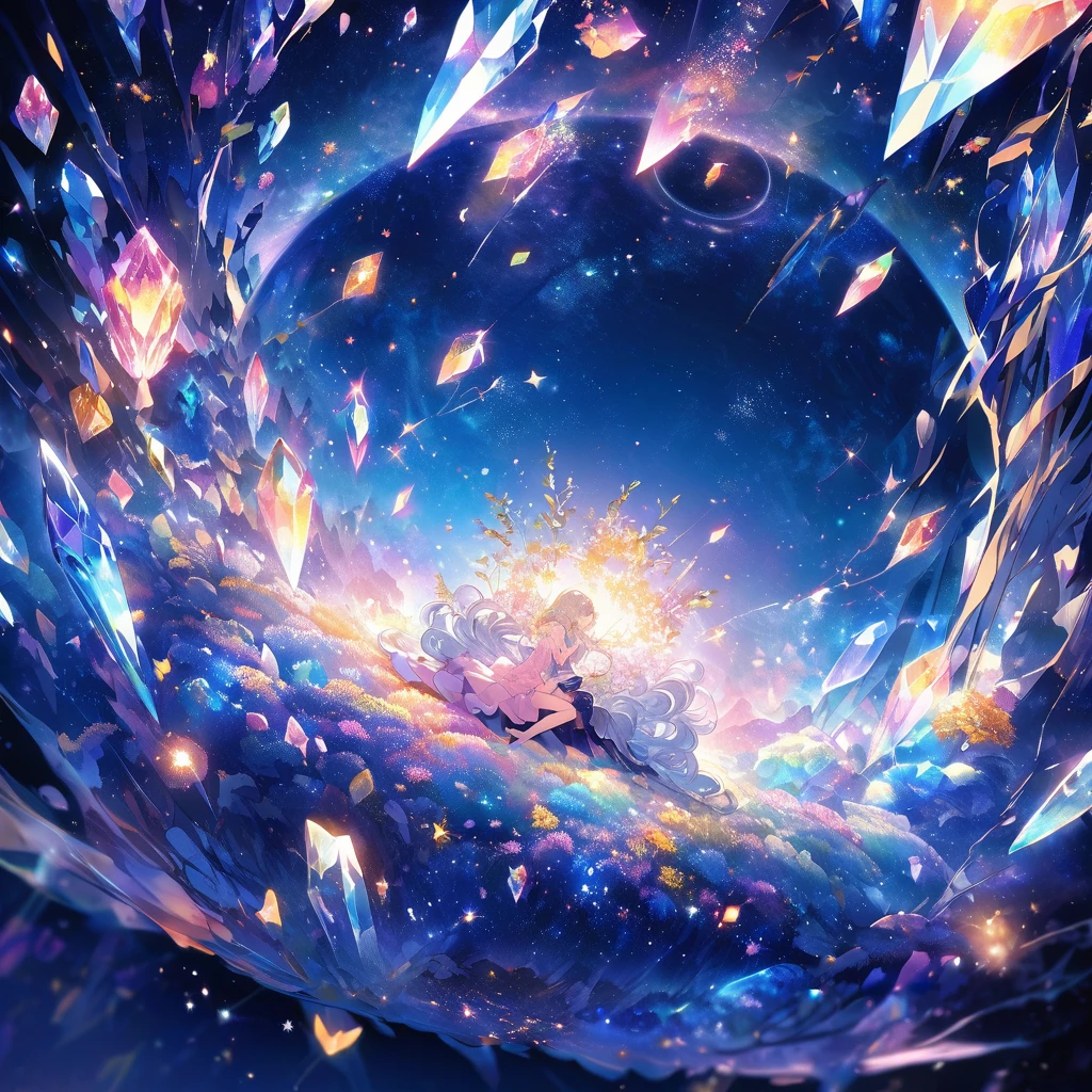 Crystal Girl curled up in the center of the photo，Surrounded by space and stardust, Inspired by a Midsummer Night&#39;s Dream