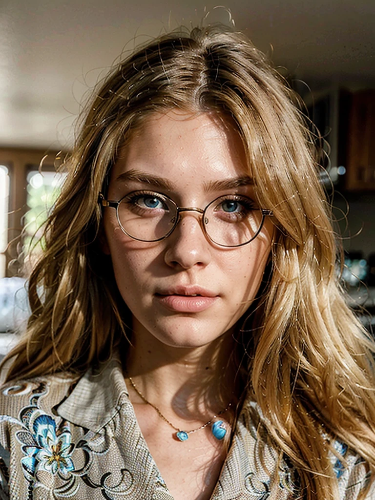 a beautiful 19 year old american woman, long blonde hair, glasses, modern style shirt, detailed face, intricate facial features, detailed eyes, detailed lips, beautiful detailed skin, high quality, photorealistic, 8k, ultra-detailed, realistic, vivid colors, natural lighting, warm color tones, portrait