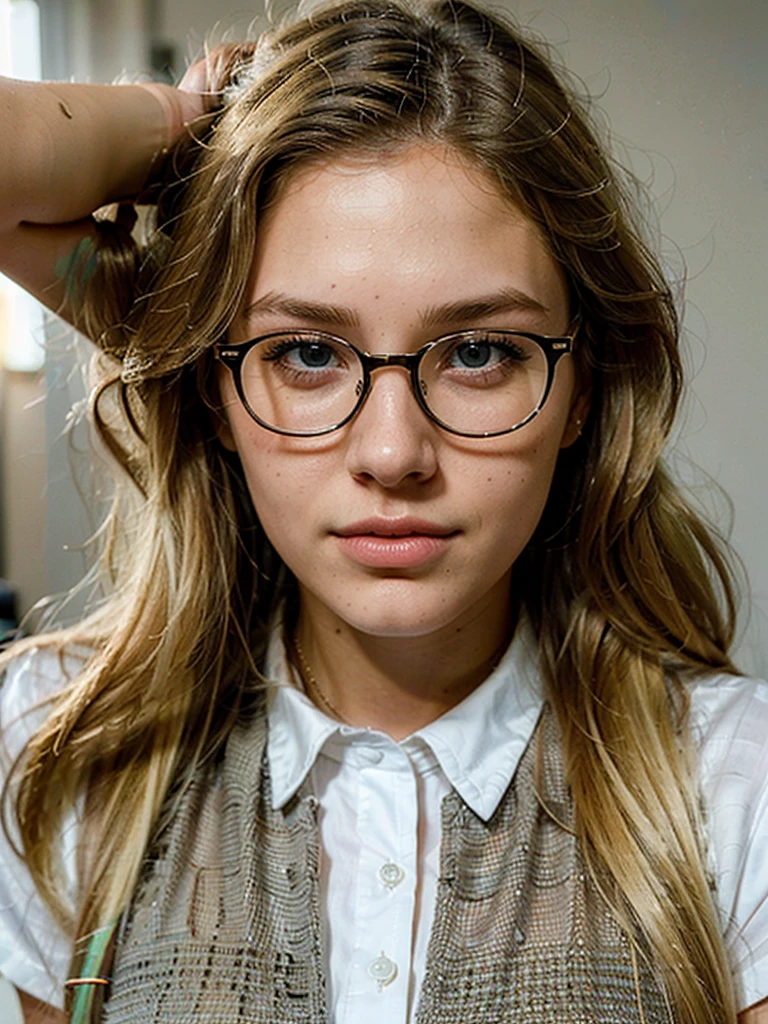 a beautiful 19 year old american woman, long blonde hair, glasses, modern style shirt, detailed face, intricate facial features, detailed eyes, detailed lips, beautiful detailed skin, high quality, photorealistic, 8k, ultra-detailed, realistic, vivid colors, natural lighting, warm color tones, portrait