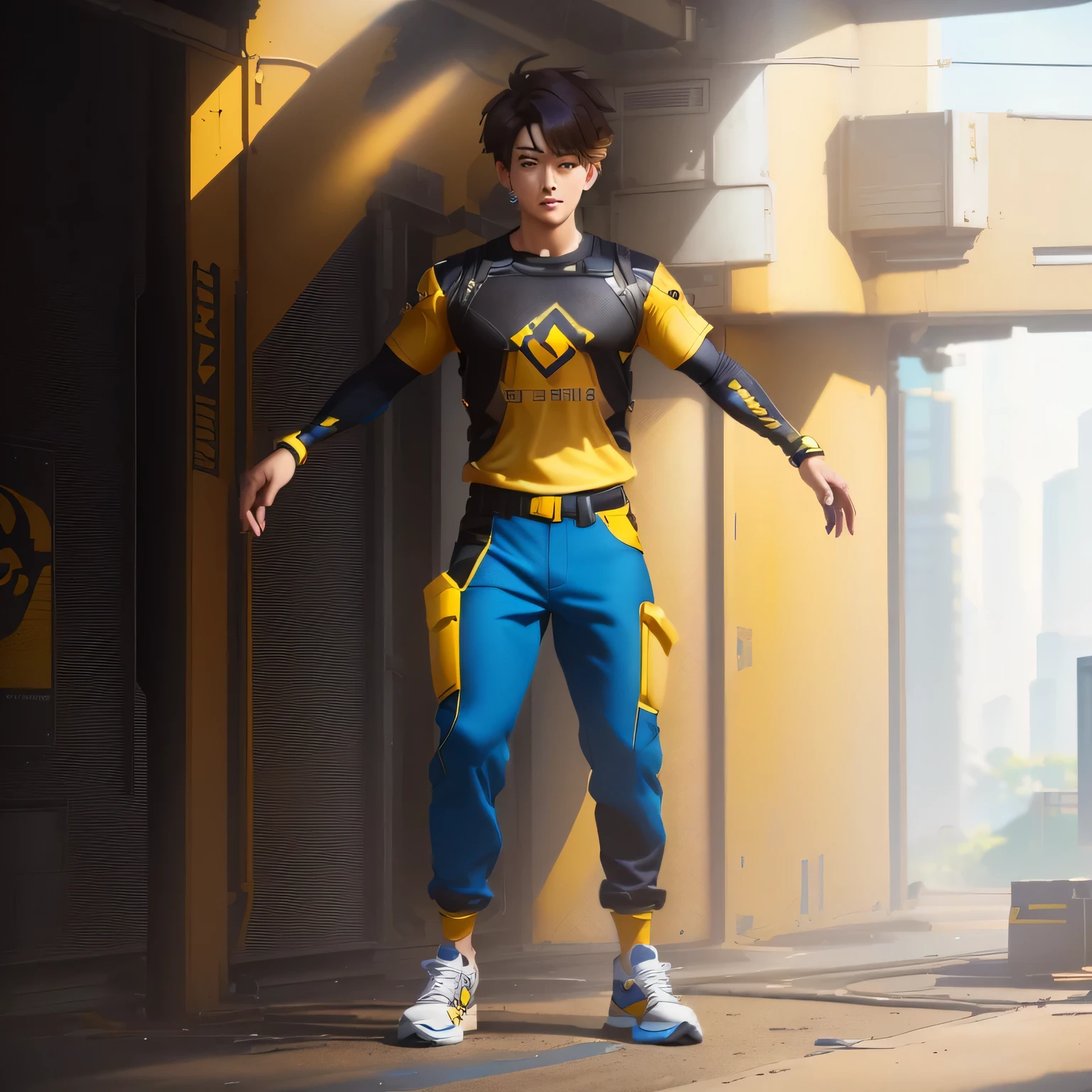 there is a man standing in a yellow shirt and blue pants, full body with dynamic pose, official product photo, full body action pose, fullbody shot, jungkook, fullbody, as overwatch character, fully body pose, energetic varia suit, full body with costume, pikachu as a human, makoto shinkai ( apex legends ), dynamic moving pose