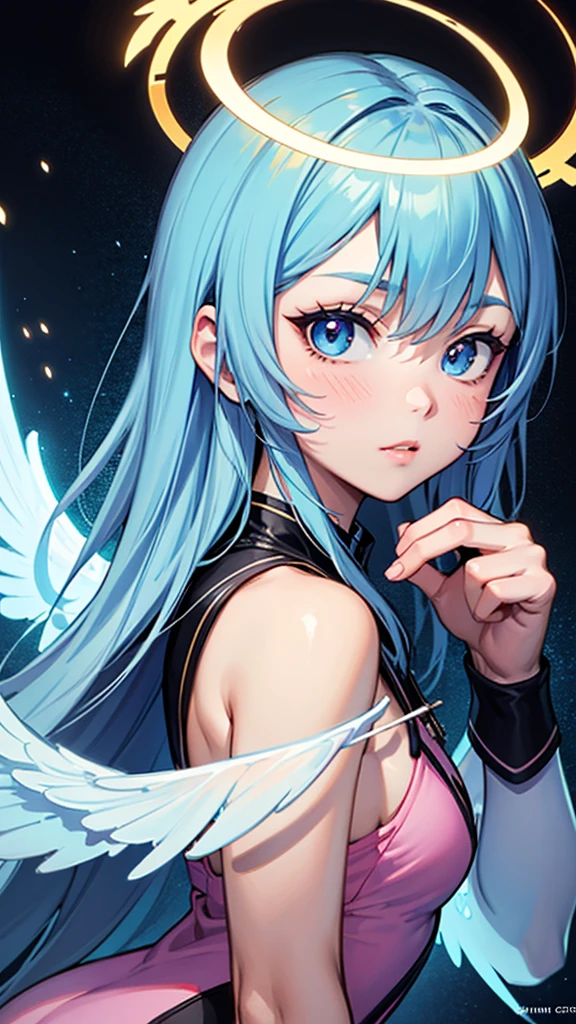 (masterpiece, top quality, best quality,watercolor (medium),official art, beautiful and aesthetic:1.2),(1girl:1.3), (fractal art:1.3),upper body, from side,rainbow angel wings, looking at viewer,patterns,(rainbow color Hair,colorful hair,half blue and half pink hair:1.2),water,liquid, cloud,colorful, starry,stars, HD lighting and dark )(epic image quality)(many effects in background)