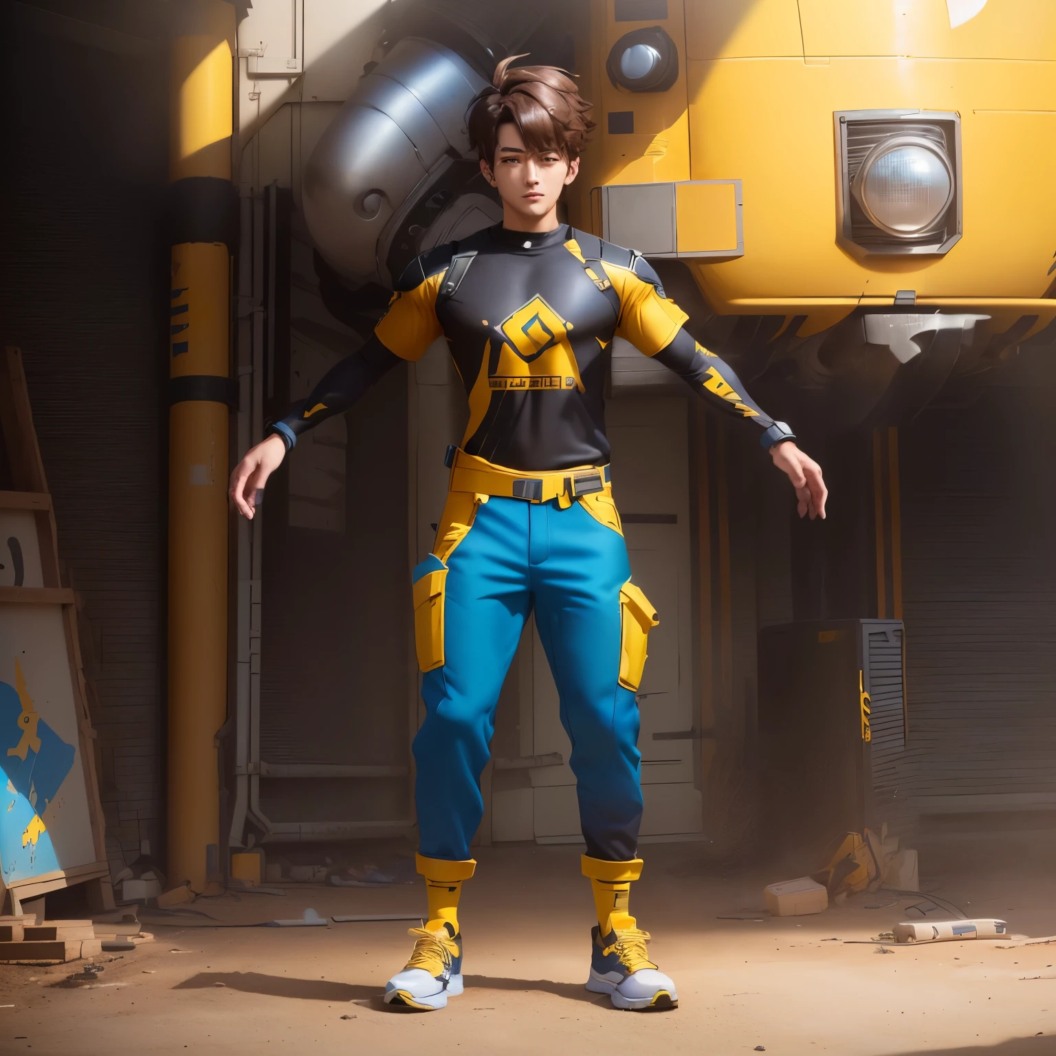 there is a man standing in a yellow shirt and blue pants, full body with dynamic pose, official product photo, full body action pose, fullbody shot, jungkook, fullbody, as overwatch character, fully body pose, energetic varia suit, full body with costume, pikachu as a human, makoto shinkai ( apex legends ), dynamic moving pose
