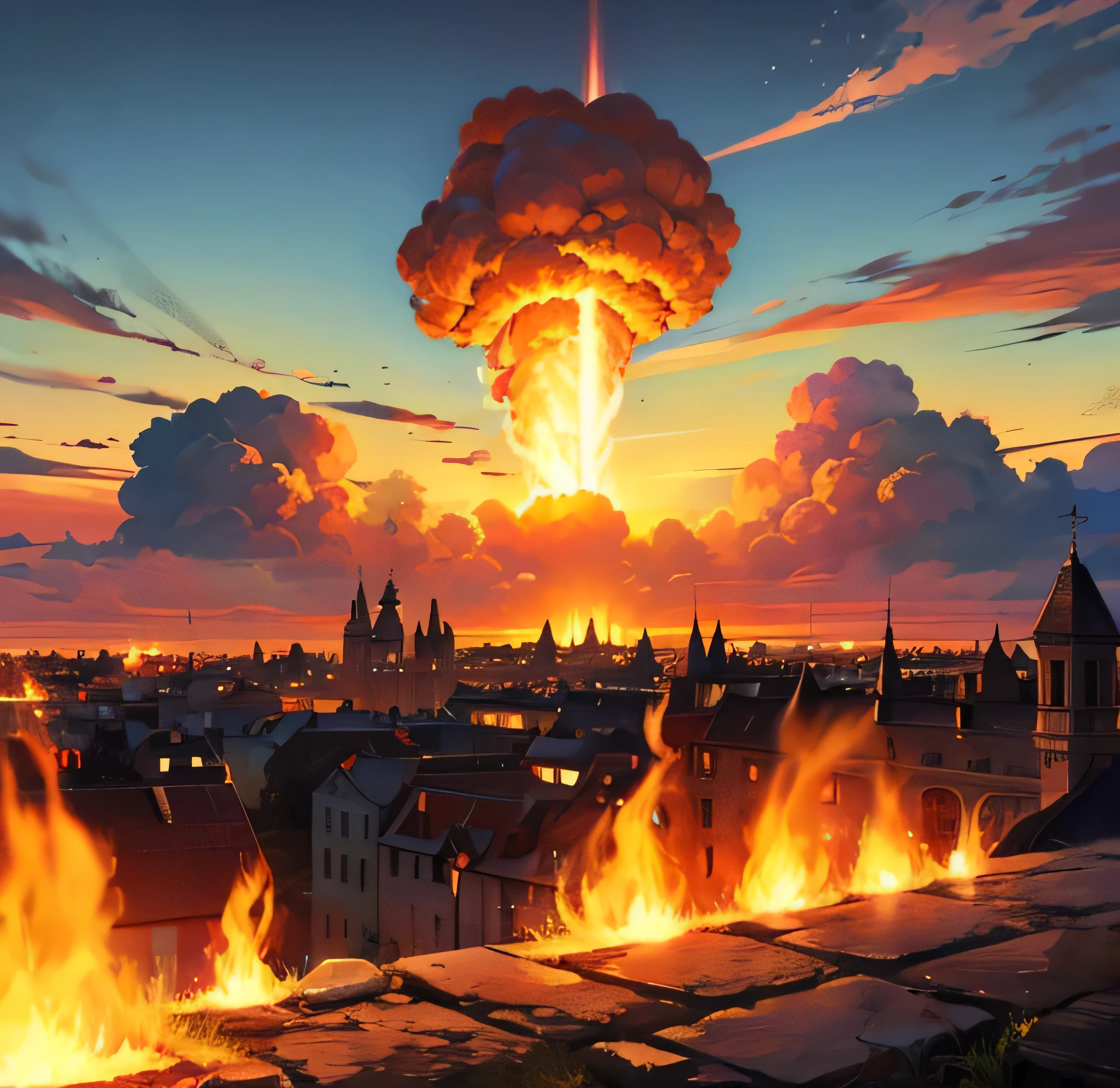 Nuclear explosion in a medieval village. High definition, realistic, glowing fire, glowing fire cloud.