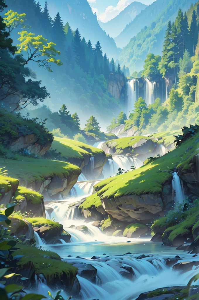 A lush, verdant forest planet, rolling mountains, a winding river, and bright sunshine flooding the scene, (best quality,4k,8k,highres,masterpiece:1.2),ultra-detailed,(realistic,photorealistic,photo-realistic:1.37), stunning landscape, detailed foliage, flowing water, dramatic lighting, cinematic composition, vibrant colors, serene atmosphere