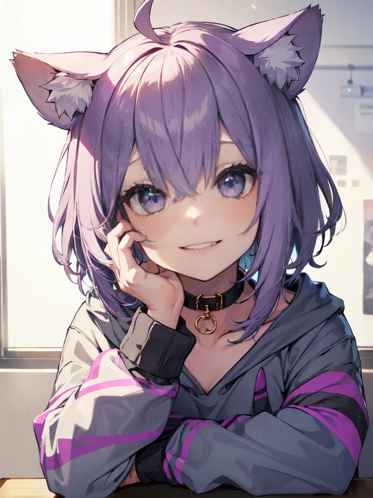 girl, 独奏,big, masterpiece, Highest quality, smile、Close-up of face、Smiling、kind、Full of Charity,aaokayu, short hair, ahoge, animal ears, cat tail, animal collar, black collar, collarbone, print hoodie, black hoodie, long sleeves, midriff, white pants