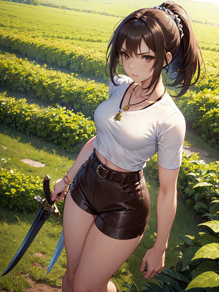 ((A girl , perfect body)), anime, 16-year-old girl with dark brown hair in a high ponytail, light brown eyes, and light, tanned skin. He wears a white shirt with a brown vest, brown shorts, and knee-high leather boots. He wears a leather belt with a dagger on his hip and a necklace with a green stone amulet, wide neckline. He is standing in a green field with a sword in his hand and a determined look on his face.,(all realistic intricate details)