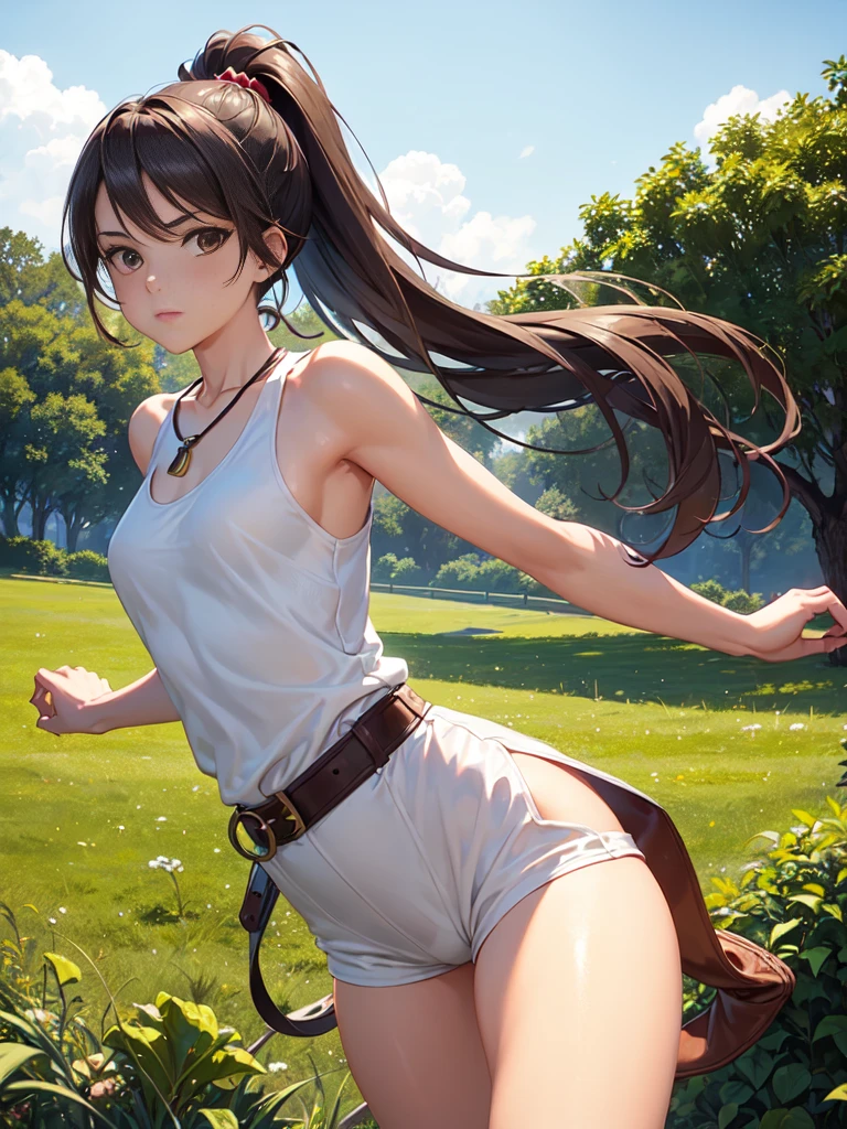 ((best quality)), ((masterpiece)), (detailed), 1girl, off-shoulder sweater, NSFW, small breasts, prominent collarbones, skinny arms, flat stomach, visible hip bones, ponytail, thick ponytail, heavy ponytail, red and white clothing, full body, whole body, body, NSFW, full body, whole body, head-to-toe NSFW