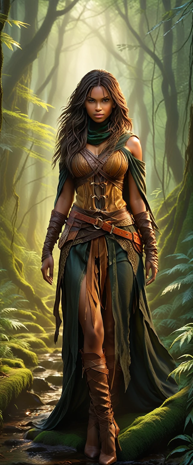 A stunningly beautiful and fierce woman with light skin and her companion, a shorter woman with darker skin, run through a deep, ancient forest. They exude a rebellious aura, with their long, flowing hair and eyes that sparkle with defiance. Dressed in a blend of rugged leather and elegant fabrics, they appear both dangerous and alluring. In their hands, they grip finely crafted swords, symbols of their strength and skill. The forest around them is dense and mysterious, with mist swirling between ancient trees, suggesting an epic journey. The lighting filters through the dense foliage, casting dramatic shadows that add to the mystery and intensity of the scene. The overall mood is one of adventure, romance, and a hint of danger.
