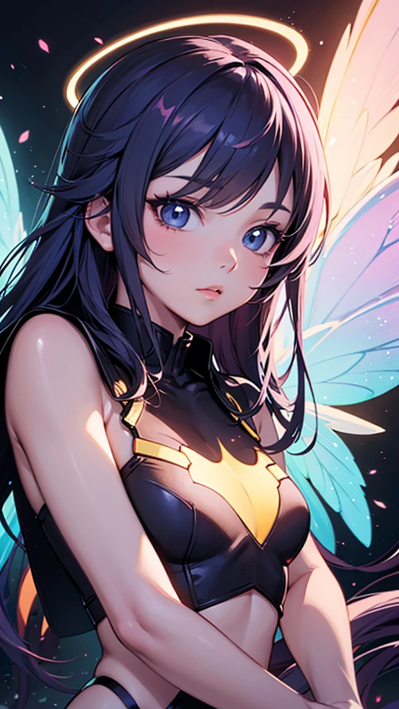 a close up of a person with a halo on their head, digital art on pixiv, anime art wallpaper 4k, anime art wallpaper 4 k, anime art wallpaper 8 k, by Yuumei, ross tran style, 4 k manga wallpaper, beautiful anime artwork, inspired by Ross Tran, ross tran!!!, digital anime art, iridescent wings