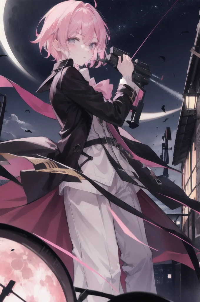 absurdres,hires,ultra detailed, a boy,pink medium hair, night, moon light, roof top, wearing a trench coat, holding a toy gun, aiming at viewer, shooting action, expressionless