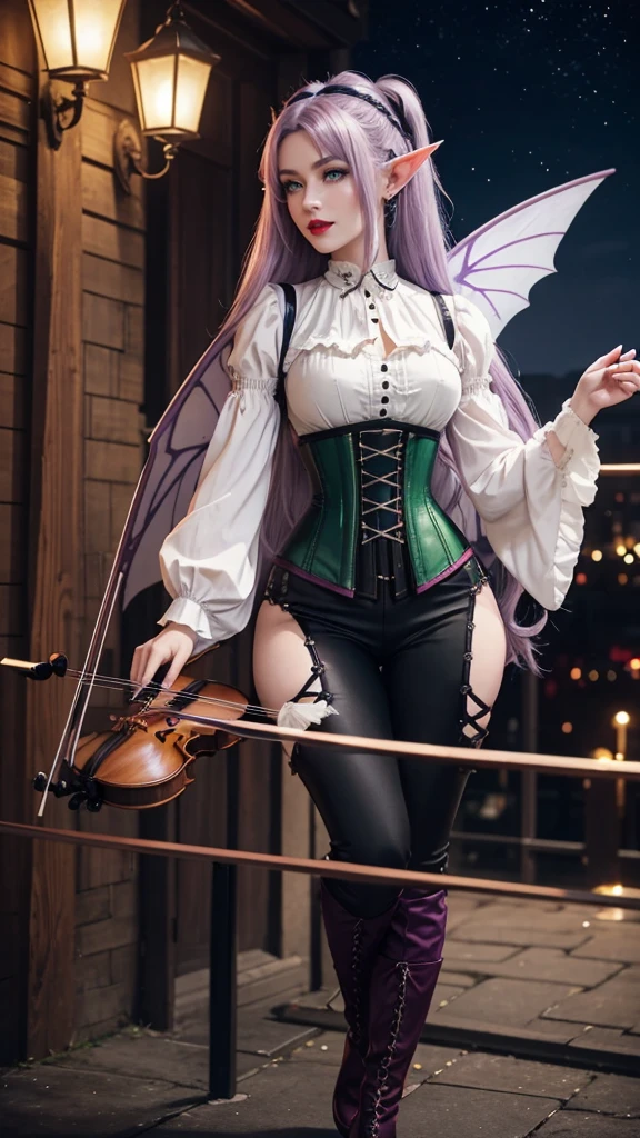 Irish woman, anime, modest, beautiful, high quality, night, 8k, long waist length light pale purple hair, green eyes, red lips, eyelashes, 1700 century black pants, corset, white blouse, boots, elf ears, large fairy wings, violin 