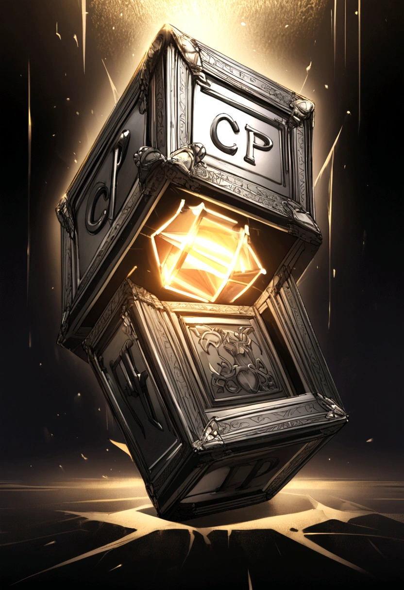 (out of common、proffesional、surreal) metallic texture. Create a silver box, with black gradient background, with a detailed Sword on the side of the box. in the center of the box written the acronym C and P