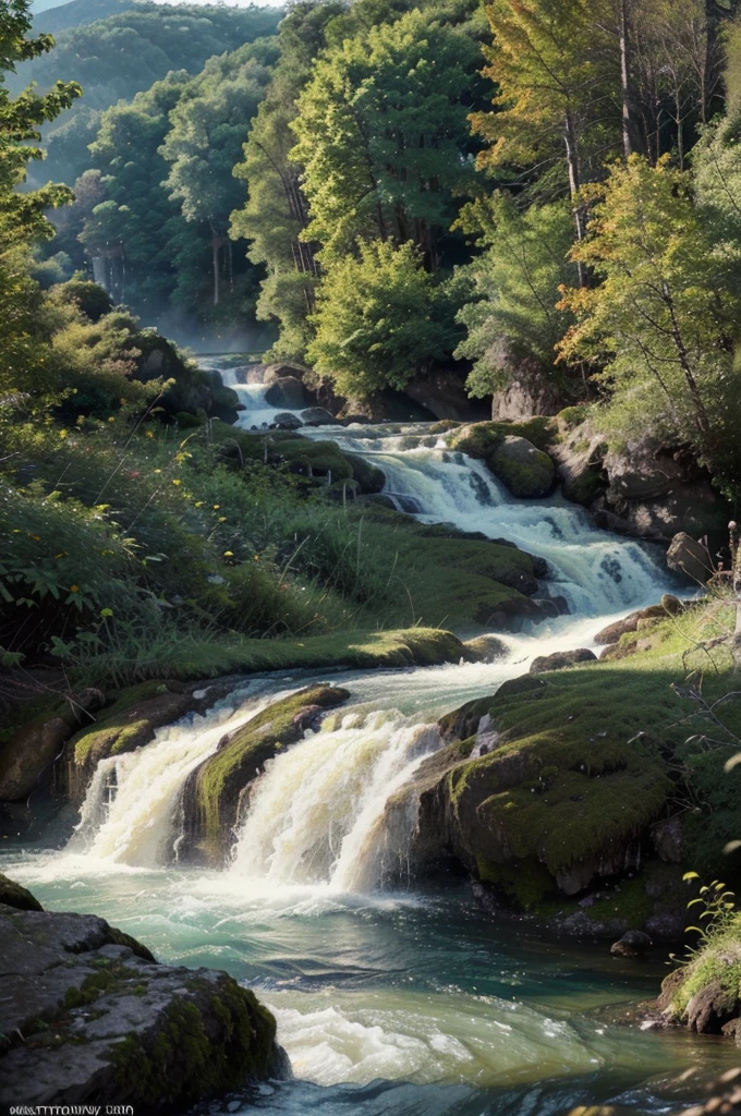 A lush, verdant forest planet, rolling mountains, a winding river, and bright sunshine flooding the scene, (best quality,4k,8k,highres,masterpiece:1.2),ultra-detailed,(realistic,photorealistic,photo-realistic:1.37), stunning landscape, detailed foliage, flowing water, dramatic lighting, cinematic composition, vibrant colors, serene atmosphere