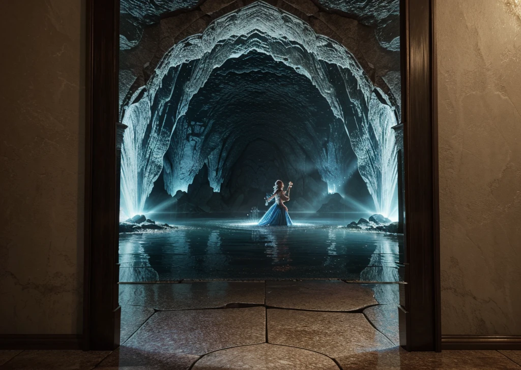 Hyperrealistic 8k high detail 3d art, fantasy setting, smoky cave, The other side of the wall is a ballroom full of dancing princesses. Touching the mirror like rippling water, the portal that could bring her to the other world