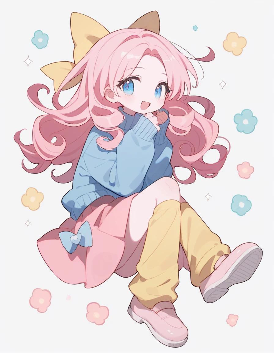 1girl, curly hair, ((dark pink hair)) blue eyes, pink flared skirt, blue sweater, yellow leg warmers, pink shoes, staring at viewers, light pink skin, hair bows, soft blush,smile, open mouth, hair bow, full body, floating