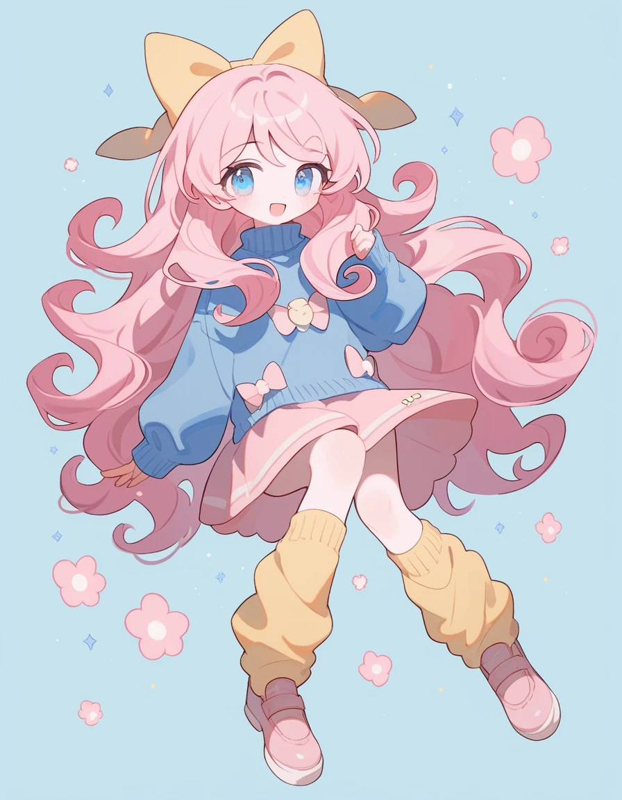 1girl, curly hair, ((dark pink hair)) blue eyes, pink flared skirt, blue sweater, yellow leg warmers, pink shoes, staring at viewers, light pink skin, hair bows, soft blush,smile, open mouth, hair bow, full body, floating