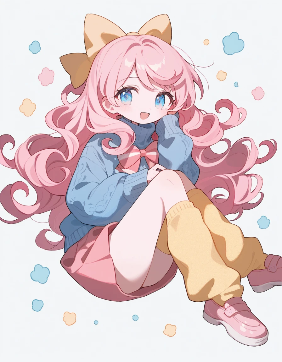 1girl, curly hair, ((dark pink hair)) blue eyes, pink flared skirt, blue sweater, yellow leg warmers, pink shoes, staring at viewers, light pink skin, hair bows, soft blush,smile, open mouth, hair bow, full body, floating