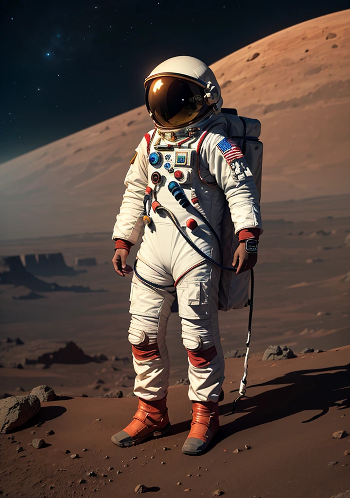 A detailed front view of an astronaut on Mars. The astronaut is wearing a high-tech, advanced spacesuit with various instruments and gadgets visible on the suit. The suit is predominantly white with metallic accents, featuring the NASA logo and patches. The helmet's visor is reflective, showing a glimpse of the Martian landscape. The background consists of Mars' iconic reddish, rocky terrain with scattered boulders and dust. There are distant mountains under a clear, thin atmosphere sky, slightly hazy from the Martian dust. The astronaut stands confidently, with the planet's surface clearly visible around their feet.