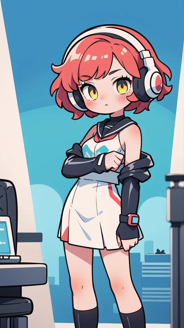 ghibly studios style, dreamy colour palette, 1girl, android, Cyberpunk, red hair, cyan and yellow eyes, Short hair, White breastplate, Black futuristic headphones, Mechanical black glossy metallic Bodysuit, Bare shoulders, oversized jacket, Glossy, shiny material. ultra high definition, 16:09 ratio, ready to be animated, pretty eyes, Blush, pastel color, Retro anime, 1990s anime, masterpiece, Best quality, anime school girl style