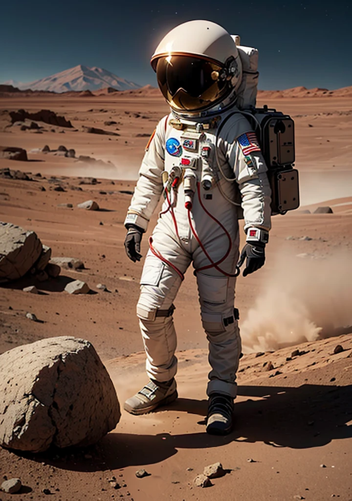 A detailed front view of an astronaut on Mars. The astronaut is wearing a high-tech, advanced spacesuit with various instruments and gadgets visible on the suit. The suit is predominantly white with metallic accents, featuring the NASA logo and patches. The helmet's visor is reflective, showing a glimpse of the Martian landscape. The background consists of Mars' iconic reddish, rocky terrain with scattered boulders and dust. There are distant mountains under a clear, thin atmosphere sky, slightly hazy from the Martian dust. The astronaut stands confidently, with the planet's surface clearly visible around their feet.