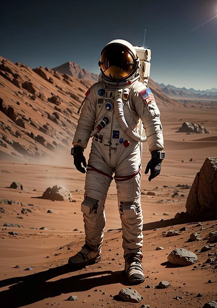 A detailed front view of an astronaut on Mars. The astronaut is wearing a high-tech, advanced spacesuit with various instruments and gadgets visible on the suit. The suit is predominantly white with metallic accents, featuring the NASA logo and patches. The helmet's visor is reflective, showing a glimpse of the Martian landscape. The background consists of Mars' iconic reddish, rocky terrain with scattered boulders and dust. There are distant mountains under a clear, thin atmosphere sky, slightly hazy from the Martian dust. The astronaut stands confidently, with the planet's surface clearly visible around their feet.