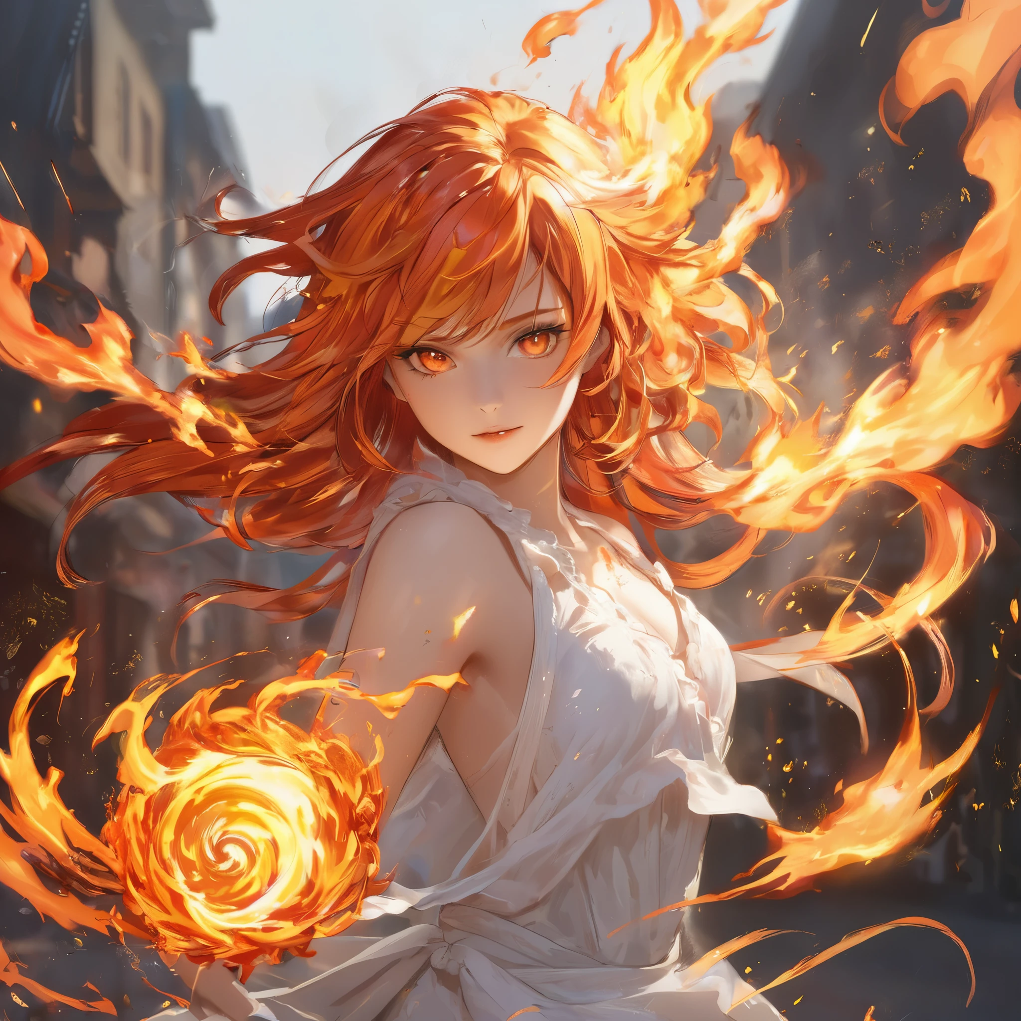 One girl, Female Fire Spirit, Fire-colored hair, Internal Fire, Put a few drops of sparks on your skin,