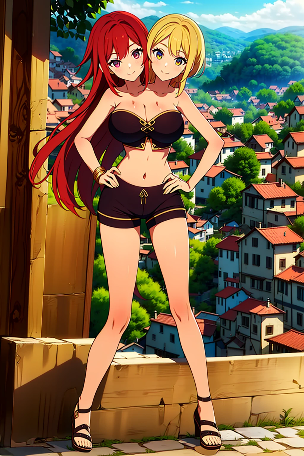 best quality, (masterpiece),(ultra-detailed), (high quality), (high resolution), ((2heads:1.5)), best quality:1.5, highres, UHD, 16K), ((two headed woman)), smiling, highres, masterpiece, ((red hair)), ((blonde hair)), ((different hair colors:1.5)), cleavage, ((crop top:1.5)), lustrous and smooth skin, seductive silhouette, gold rpg fantasy dress, sexy proportions, Beautiful girl with accentuated slender abs, ((full body)), ((village background:1.5)), ((exposed midriff)), body con dress, strapless, sleeveless, matching eye color, ((long hair)), ((sandals)), ((hot pants))