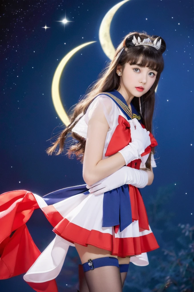 masterpiece, Highest quality, (1 Girl), Super Sailor Moon, Cowboy Lens, night sky, moonlight, night, White gloves, blue eyes, Galaxy Background, Colorful clothes, , Blue Skirt, hair ornaments, Red Bow, brooch, heart brooch, Earrings, Crescent Moon, heart necklace, heart, Very long hair, Crescent Moon moon Earrings, tiara, Yellow Necklace, boots, knee boots, Red Shoes, Long legs