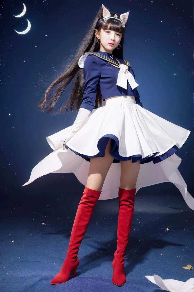 masterpiece, Highest quality, (1 Girl), Super Sailor Moon, Cowboy Lens, night sky, moonlight, night, White gloves, blue eyes, Galaxy Background, Colorful clothes, , Blue Skirt, hair ornaments, Red Bow, brooch, heart brooch, Earrings, Crescent Moon, heart necklace, heart, Very long hair, Crescent Moon moon Earrings, tiara, Yellow Necklace, boots, knee boots, Red Shoes, Long legs