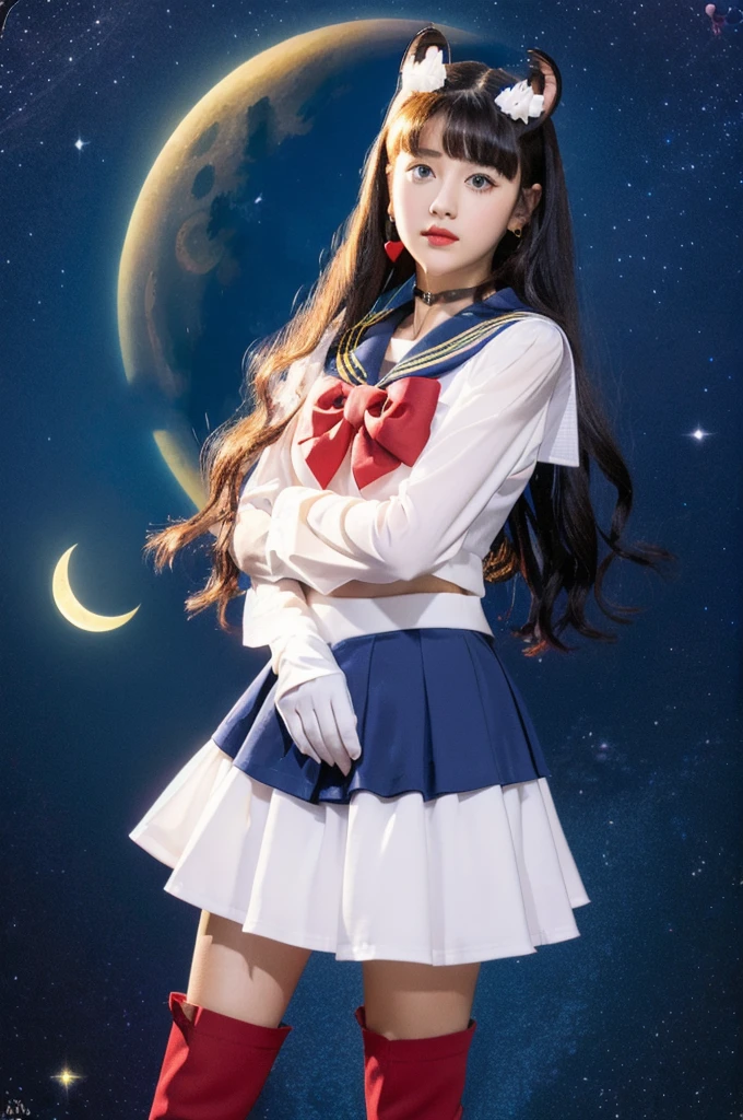 masterpiece, Highest quality, (1 Girl), Super Sailor Moon, Cowboy Lens, night sky, moonlight, night, White gloves, blue eyes, Galaxy Background, Colorful clothes, , Blue Skirt, hair ornaments, Red Bow, brooch, heart brooch, Earrings, Crescent Moon, heart necklace, heart, Very long hair, Crescent Moon moon Earrings, tiara, Yellow Necklace, boots, knee boots, Red Shoes, Long legs
