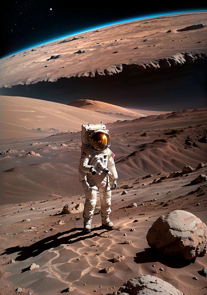 A detailed front view of an astronaut on Mars. The astronaut is wearing a high-tech, advanced spacesuit with various instruments and gadgets visible on the suit. The suit is predominantly white with metallic accents, featuring the NASA logo and patches. The helmet's visor is reflective, showing a glimpse of the Martian landscape. The background consists of Mars' iconic reddish, rocky terrain with scattered boulders and dust. There are distant mountains under a clear, thin atmosphere sky, slightly hazy from the Martian dust. The astronaut stands confidently, with the planet's surface clearly visible around their feet.