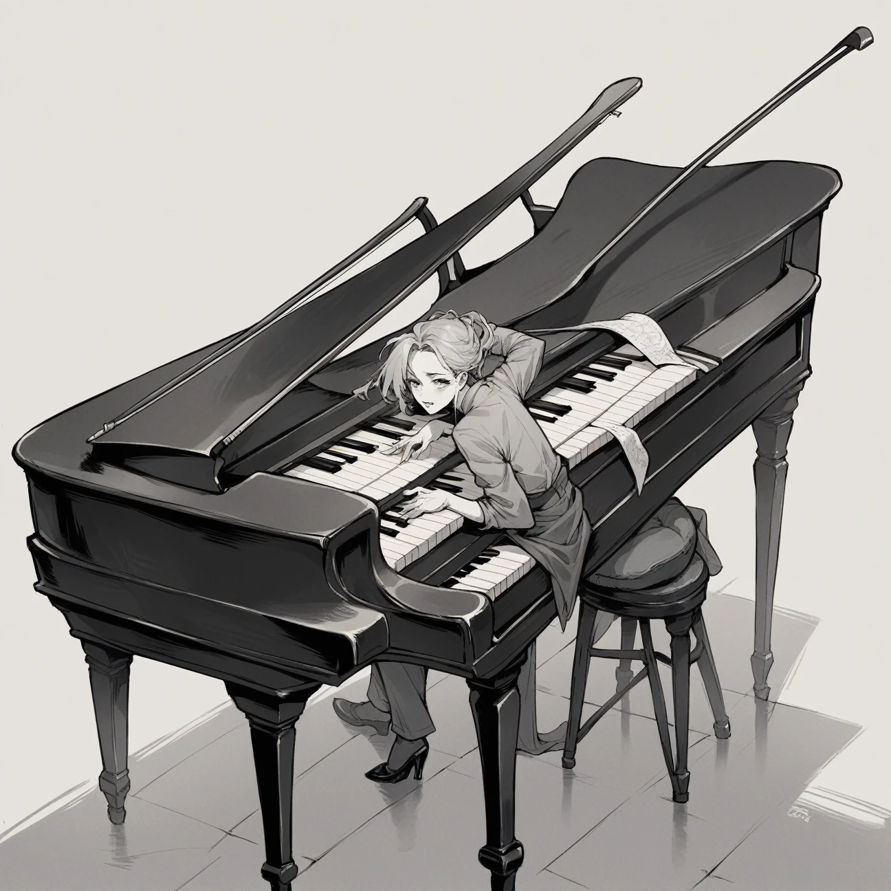Grand piano in black and white.