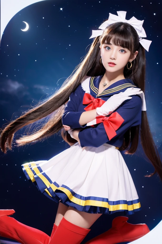 masterpiece, Highest quality, (1 Girl), Super Sailor Moon, Cowboy Lens, night sky, moonlight, night, White gloves, blue eyes, Galaxy Background, Colorful clothes, , Blue Skirt, hair ornaments, Red Bow, brooch, heart brooch, Earrings, Crescent Moon, heart necklace, heart, Very long hair, Crescent Moon moon Earrings, tiara, Yellow Necklace, boots, knee boots, Red Shoes, Long legs
