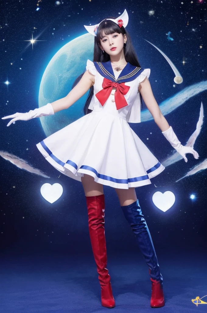 masterpiece, Highest quality, (1 Girl), Super Sailor Moon, Cowboy Lens, night sky, moonlight, night, White gloves, blue eyes, Galaxy Background, Colorful clothes, , Blue Skirt, hair ornaments, Red Bow, brooch, heart brooch, Earrings, Crescent Moon, heart necklace, heart, Very long hair, Crescent Moon moon Earrings, tiara, Yellow Necklace, boots, knee boots, Red Shoes, Long legs
