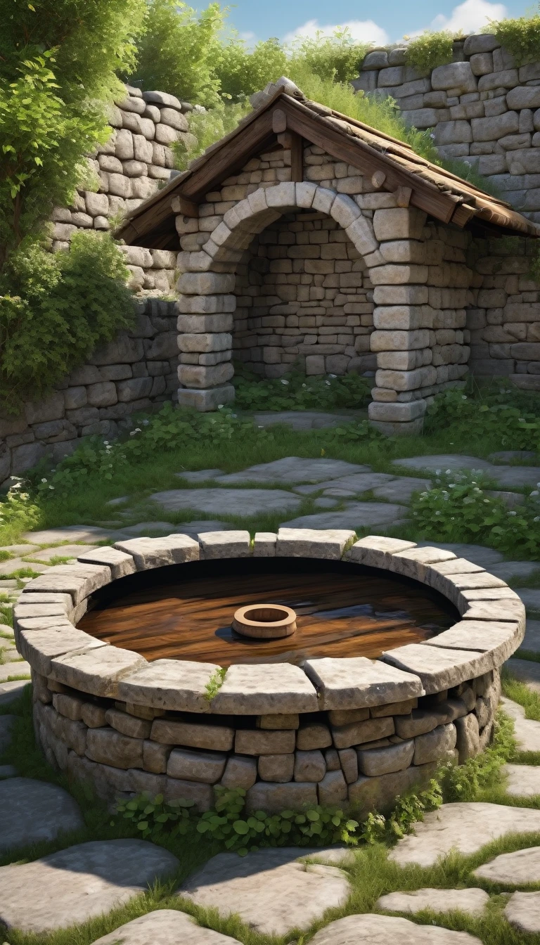 An image of an ancient stone well covered with a wooden lid,PICTURE REALISTIC, high resolution, 8K
