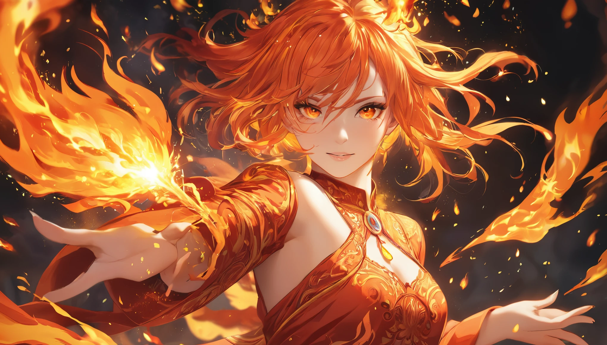 One girl, Female Fire Spirit, Fire-colored hair, Internal Fire, Put a few drops of sparks on your skin,