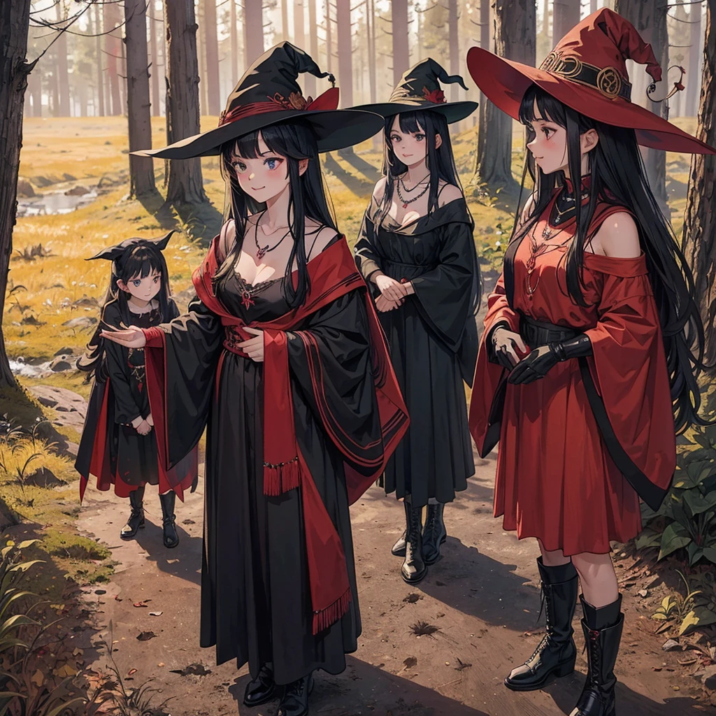 a group of beautiful witch girls in the middle of a forest in the night, tribal tattoo ,multiple girls, five girls, red and black hair , standing girl young girl, gloves, elbow pads, boots, smiles, witch hat , small breasts, long black dress, necklaces, jewelry decorations , black red hair , red hair , black hair , blonde hair, blue eyes, full body,