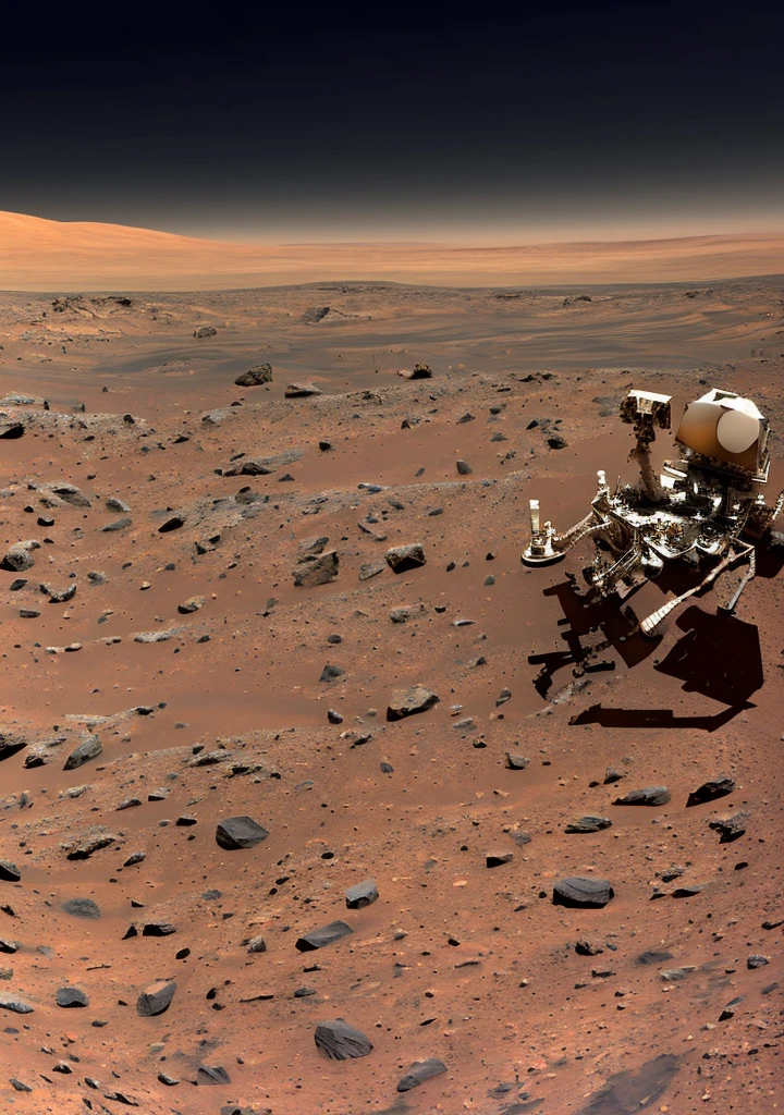 A detailed front view of an astronaut on Mars. The astronaut is wearing a high-tech, advanced spacesuit with various instruments and gadgets visible on the suit. The suit is predominantly white with metallic accents, featuring the NASA logo and patches. The helmet's visor is reflective, showing a glimpse of the Martian landscape. The background consists of Mars' iconic reddish, rocky terrain with scattered boulders and dust. There are distant mountains under a clear, thin atmosphere sky, slightly hazy from the Martian dust. The astronaut stands confidently, with the planet's surface clearly visible around their feet.