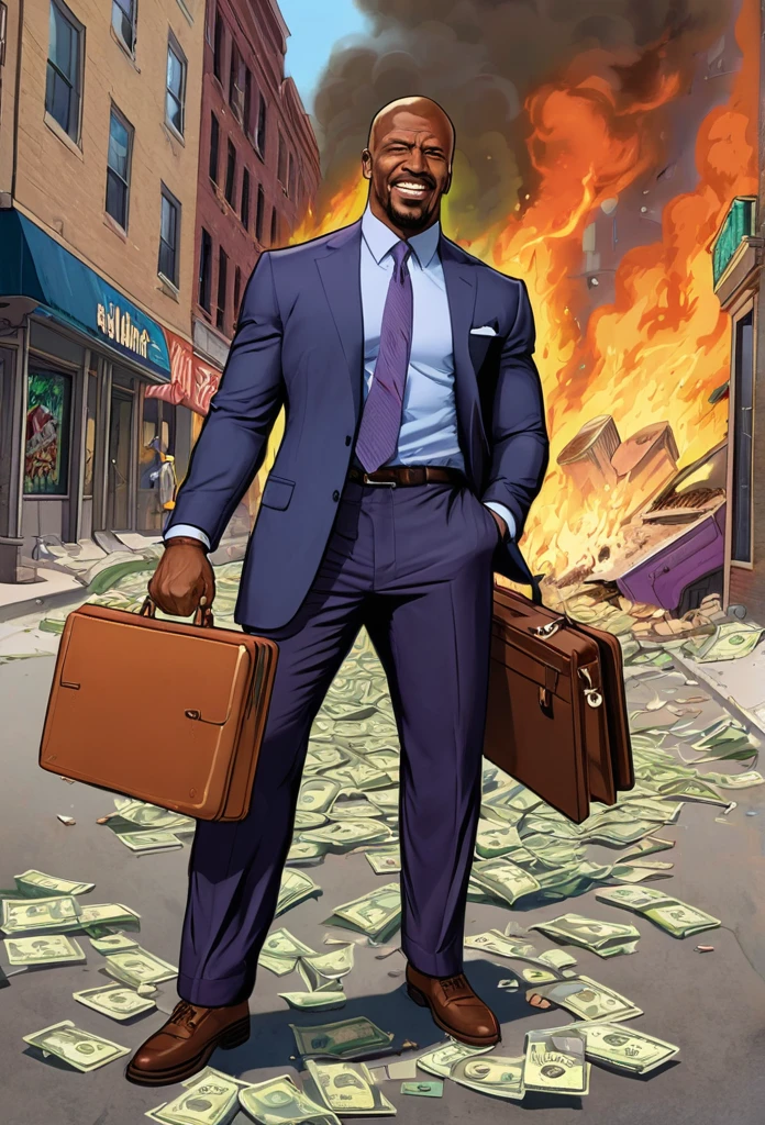 Graffiti style , art by Tom Gill, art by Fred Guardineer, art by Paul S. Newman, art by Carl Pfeufer, flat colors, cell shading, vibrant pastels,Street art, vibrant, urban, detailed, tag, mural, a prim dapper business man smugly holding a briefcase as the world burns behind him, full body shot, crumbling buildings, fire and brimstone, (cash falling from the sky, dollar bills, money everywhere:1.5), self satisfied expression, smug, selfish, wailing masses fill the street of a burning city, (apocalypse, total destruction:1.4) Terry Crews