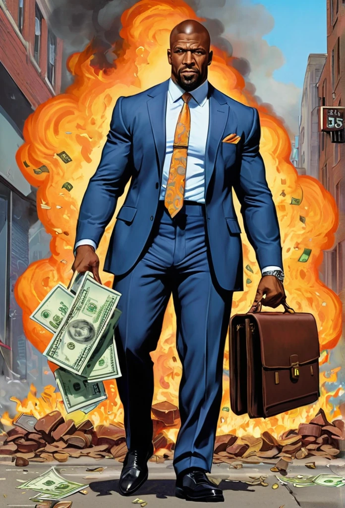 Graffiti style , art by Tom Gill, art by Fred Guardineer, art by Paul S. Newman, art by Carl Pfeufer, flat colors, cell shading, vibrant pastels,Street art, vibrant, urban, detailed, tag, mural, a prim dapper business man smugly holding a briefcase as the world burns behind him, full body shot, crumbling buildings, fire and brimstone, (cash falling from the sky, dollar bills, money everywhere:1.5), self satisfied expression, smug, selfish, wailing masses fill the street of a burning city, (apocalypse, total destruction:1.4) Terry Crews