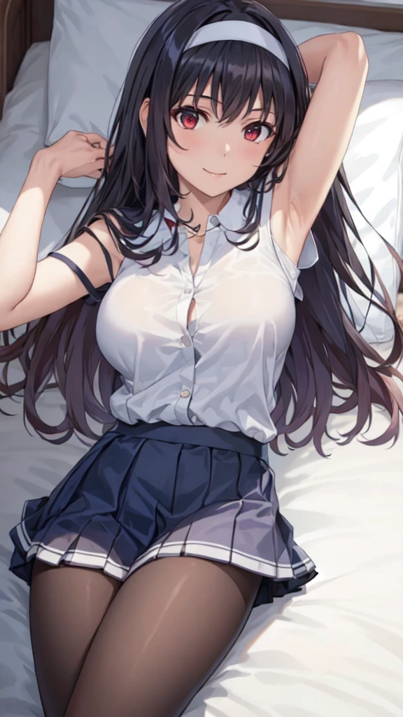 masterpiece, highest quality, One girl, lying, hands up,anime,Aesthetic Anime Eyes,26 years old,Smile,alone, Long Hair, (Black Pantyhose), (Black Hair), Long Straight Hair,Red eyes,(Pleated skirt), large breasts,White hair band,White shirt, bangs,Bedroom,bed,arms behind back,White pillow, armpits, sleevesless shirt