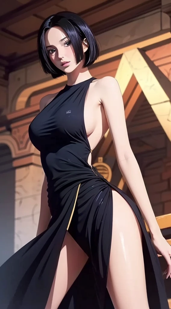(uhd, retina, masterpiece, accurate, anatomically correct, textured skin, super detail, high details, high quality, best quality, high res, 1080P, HD, 4K, 8K, 16K), (beautiful detailed eyes, beautiful detailed lips, extremely detailed eyes and face), studio lighting, physically-based rendering, vivid colors, (large breasts, waist, thighs, glamorous body), (backless dress, mini dress), (portrait, bob cut, shiny hair, shiny skin, blush), (bokeh), eye reflection,Holding a Great Sword,Leaning and slashing,Great Sword
