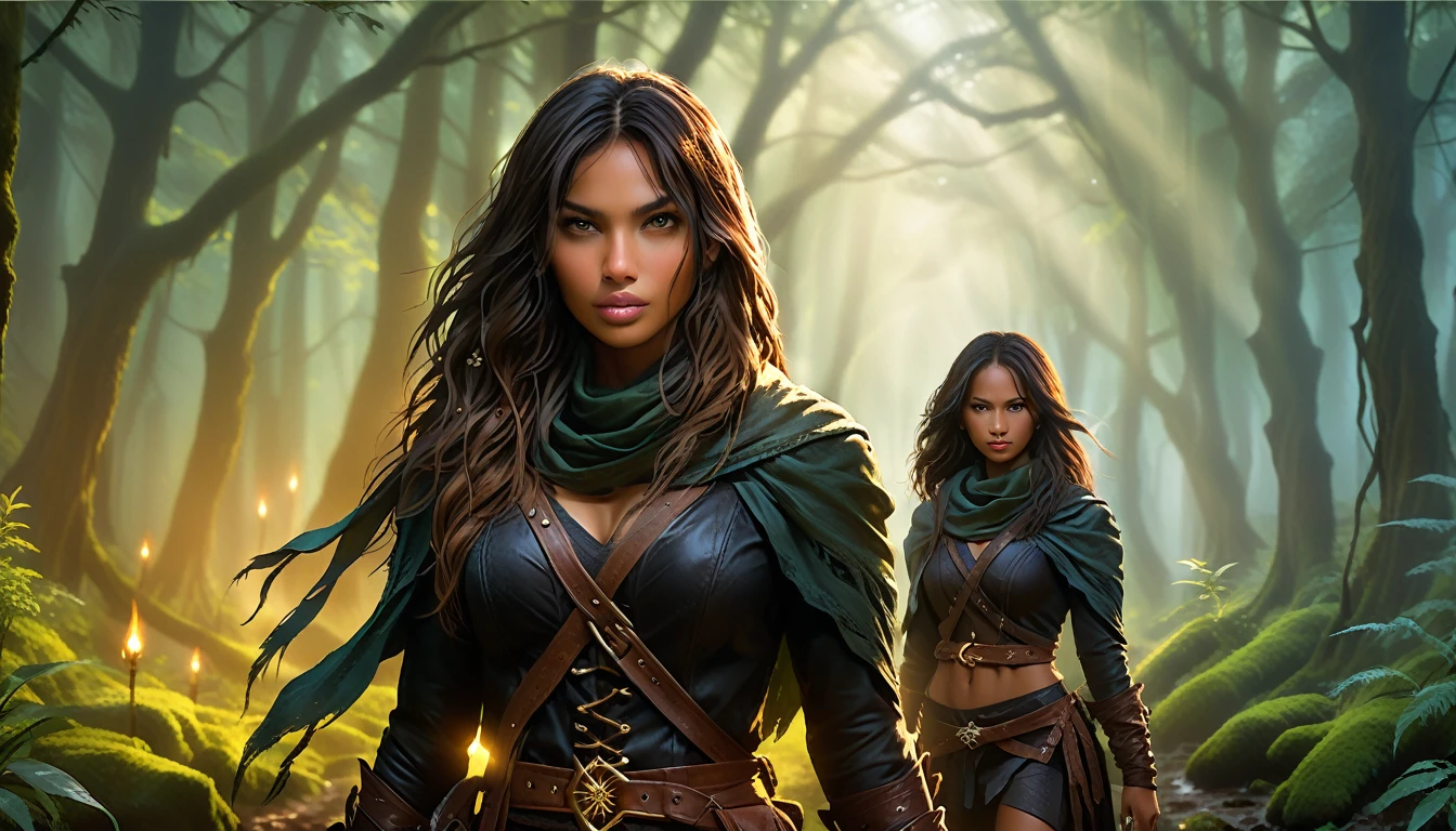 A stunningly beautiful and fierce woman with light skin and her companion, a shorter woman with darker skin, run through a deep, ancient forest. They exude a rebellious aura, with their long, flowing hair and eyes that sparkle with defiance. Dressed in a blend of rugged leather and elegant fabrics, they appear both dangerous and alluring. In their hands, they grip finely crafted swords, symbols of their strength and skill. The forest around them is dense and mysterious, with mist swirling between ancient trees, suggesting an epic journey. The lighting filters through the dense foliage, casting dramatic shadows that add to the mystery and intensity of the scene. The overall mood is one of adventure, romance, and a hint of danger.