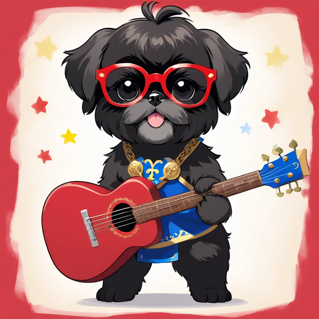 2 Adorable small black Shih Tzu puppies wearing red sunglasses playing guitar red white and blue background Pixar 3D cartoon