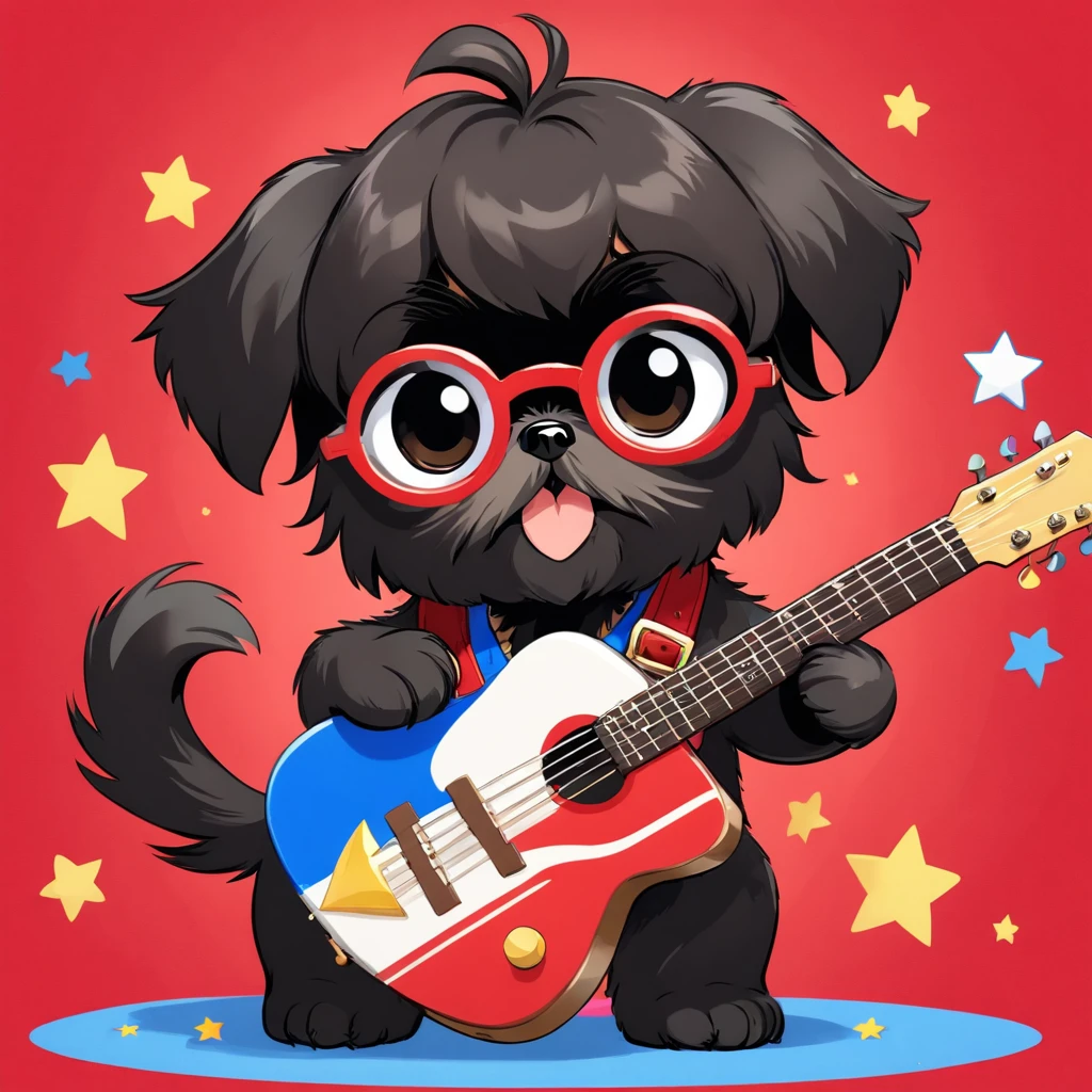 2 Adorable small black Shih Tzu puppies wearing red sunglasses playing guitar red white and blue background Pixar 3D cartoon
