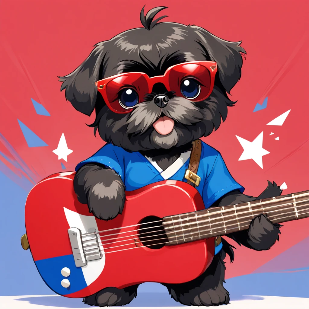 2 Adorable small black Shih Tzu puppies wearing red sunglasses playing guitar red white and blue background Pixar 3D cartoon
