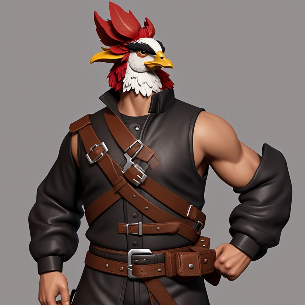 pixel-art dressed in old-timey, Mexican bandit gear thick, worn, brown leather bullet straps crossed over his chest and traditional pistol belt around his wAIST of the same style,with a BROWNISH-red head and a thick, black, admirable, manly, Mexican mustache hanging down to his chin , illustration of a rooster, anthropomorphized chicken, illustration of a mildly angry, cocky 1900s-era Mexican bandito gang leader rooster, epic exquisite character art, fantasy duck concept portrait, baroque digital painting, awarded on cgsociety, highly detailed cgsociety, alejandro olmedo art, by André Beauneveu, trending on character design (Warm Colors:1.3) . low-res, blocky, pixel art style, 8-bit graphics, , 3 d render official art, illustration of a rooster, cocky, toon render keyshot, 0 brainsucker render, rooster!!!!, 3 d icon for mobile game, stylized as a 3d render, high res render, chicken feathers, tail feathers, 3 d painter photoshop 