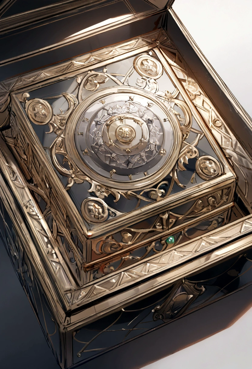 (((best qualityer))), (((work of art))), (((high resolution))), Create a silver box, with black gradient background, with a detailed Sword on the side of the box. in the center of the box written the acronym C and P