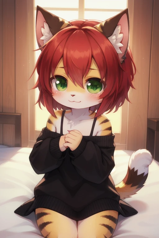 Masterpiece, Best Quality, SakuraVRC, 1 girl, Alone, short hair, Red hair, green eyes, , animal ear fluff ;3, cat's mouth, busty very big breasts
