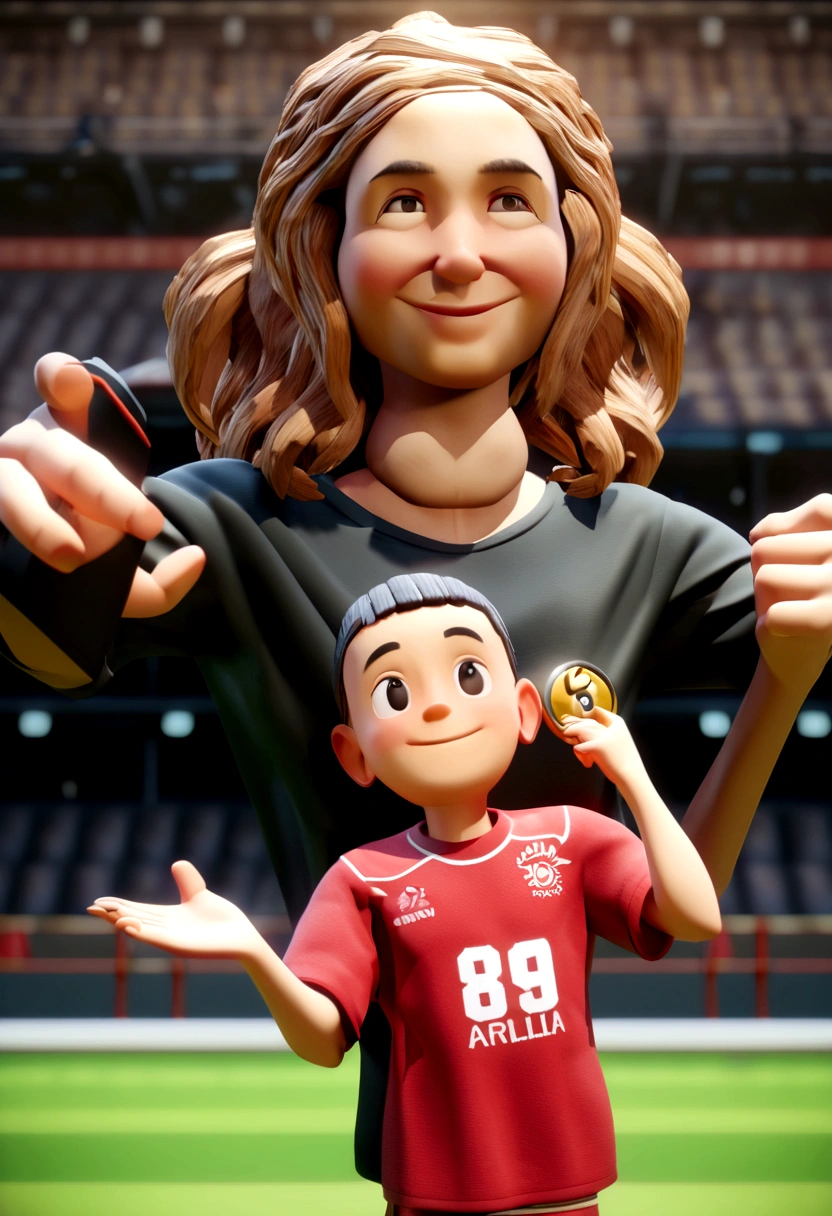 Cartoon character In this image, we see three individuals posing for a photo in a setting that appears to be an indoor sports arena or stadium. The person on the left holds a peace symbol in their hand and wears a white shirt with green details and the number 59 printed on it.. Next to them, the individual in the center wears glasses and wears a red shirt with the number 35. The person on the right holds a phone and wears a black shirt with the number 85. The three are smiling and appear to be enjoying their time together at what could be a sporting event or game.., an animated character, stylized character, animation style rendering, 3d stylized, Arnold Maya rendering, Stylized 3D rendering, toon render screenshot, 3d character, 3d character, Stylized 3D rendering, 3D character rendering, cartoon character, Personagem de close up, character posing, (Pixar-style) (master part:1.2) (bokeh) (best qualityer) (skin detailed) (detailed texture) (8K) (Argilla) (cinematic lighting) (sharp focus,Sit down and lift your upper body